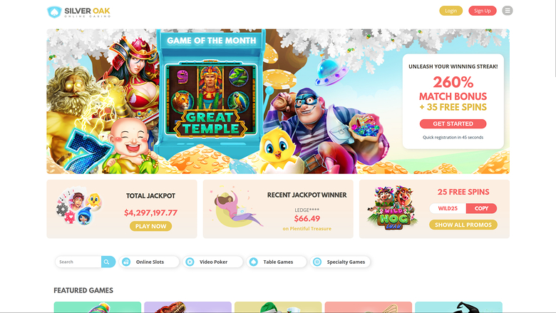A Silver Oak Casino homepage showing a 'Game of the Month' hero banner, jackpot and bonus panels, lobby category tabs and a Featured Games row.