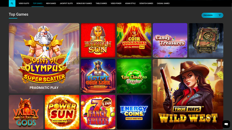 An online casino lobby screen showing a 'Top Games' grid of game tiles beneath a dark navigation bar.