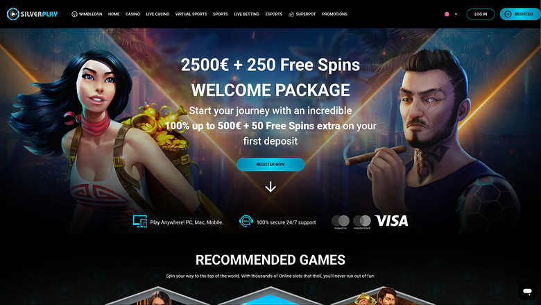 A SilverPlay casino homepage showing a welcome package hero banner and a recommended games section.