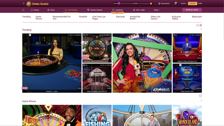 Simba Games Casino — Live dealer lobby