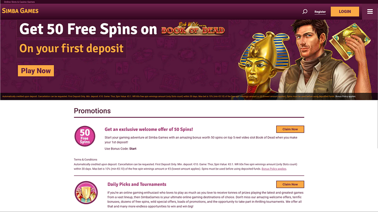 Simba Games Casino — Promotions page