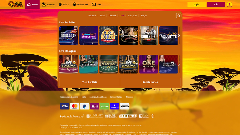 Simba Slots Casino — Live dealer lobby