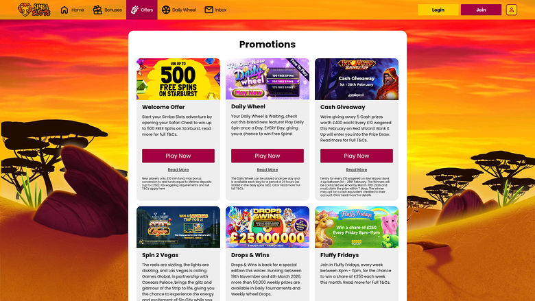 Simba Slots Casino — Promotions page