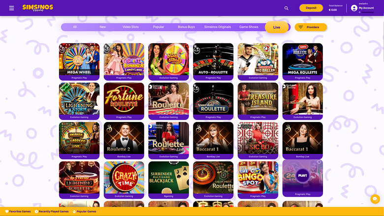 Simsinos Casino — Live dealer lobby