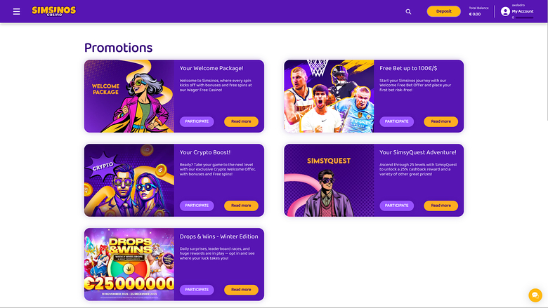 Simsinos Casino — Promotions page