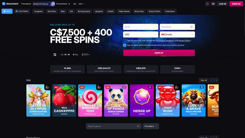 A Skycrown online casino homepage showing a welcome bonus offer of C$7,500 plus 400 free spins beside a registration form and a row of game tiles.