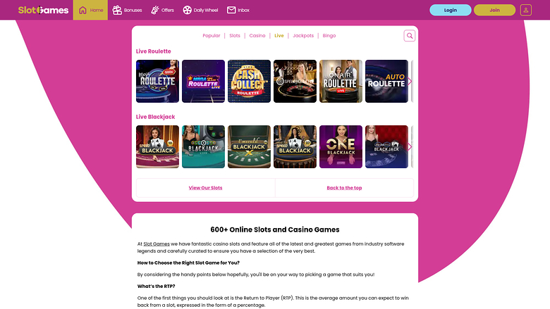 Slot Games Casino — Live dealer lobby