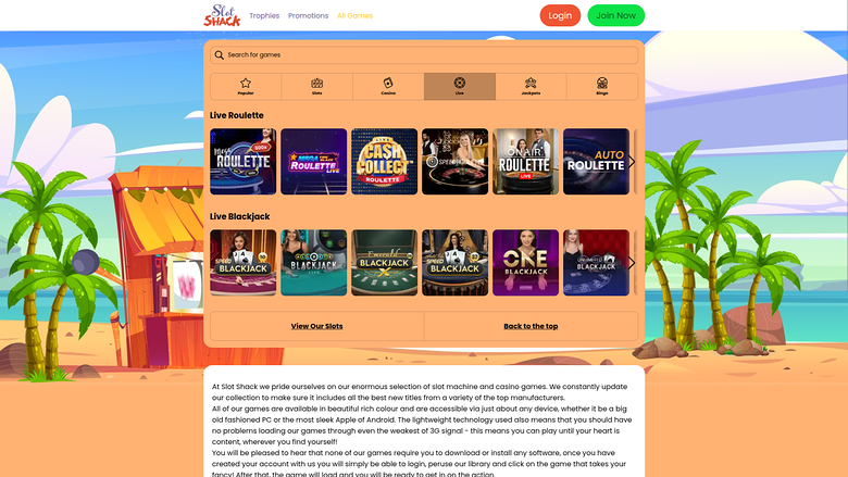 Slot Shack Casino — Live dealer lobby