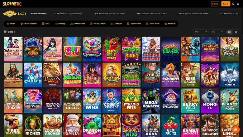 A slots lobby screen on Slotastic casino showing a grid of game tiles beneath a recent-winners ticker and category menu.