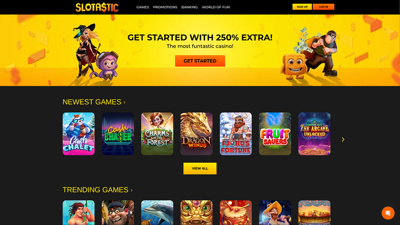 A casino homepage for Slotastic shows a 250% bonus hero banner above Newest Games and Trending Games tile rows.
