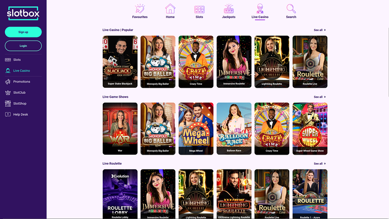 Slotbox Casino — Live dealer lobby