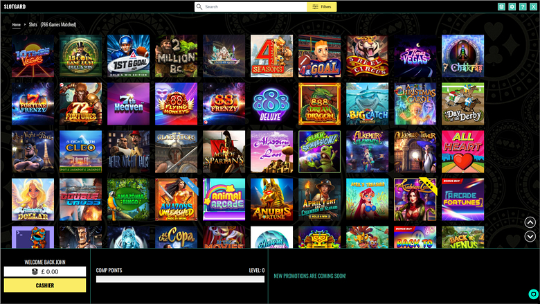 A 'Slotyard' online casino lobby displays a grid of 66 game tiles under the heading 'Slots (66 Games Matched)', with a welcome bar and comp points panel at the