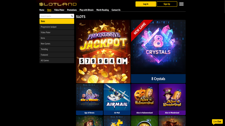 A desktop online casino lobby page for 'Lotland' showing a Slots category with a left sidebar menu and game tiles.