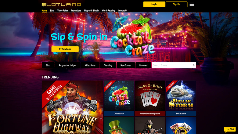 A Slotland online casino homepage showing a tropical 'Cocktail Craze' promotional hero banner above a Trending games grid.