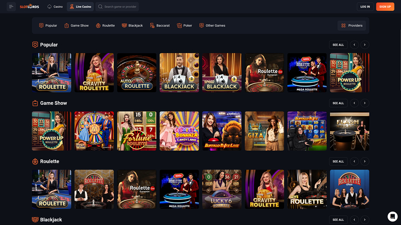 SlotLords Casino — Live dealer lobby