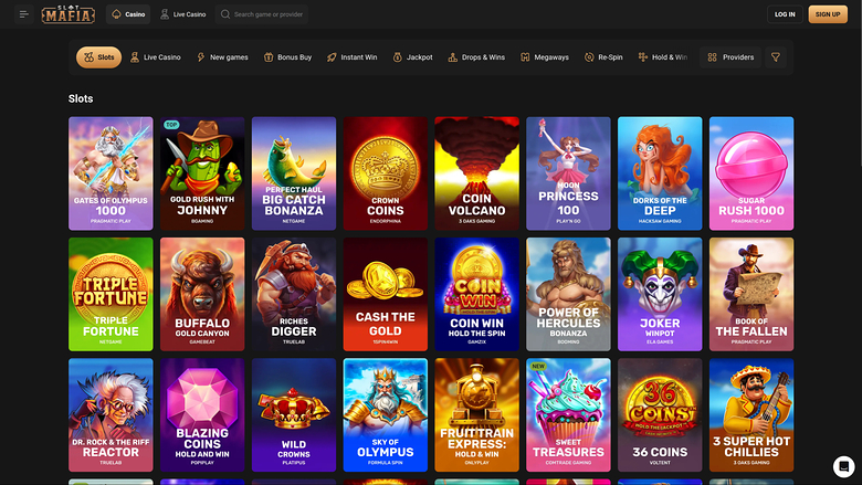 An online casino lobby shows a 'Slots' grid of game tiles under a dark header with logo, login and sign-up buttons.