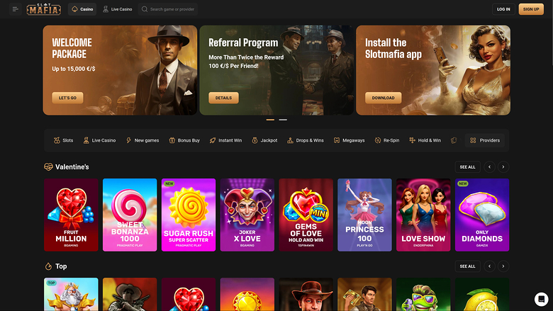 An online casino homepage with a dark theme, a promotional hero carousel, a category filter bar and rows of game tiles.