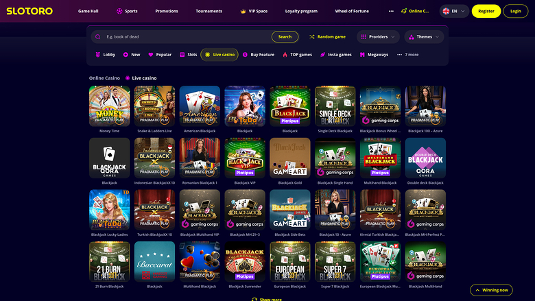 Slotoro Casino — Live dealer lobby