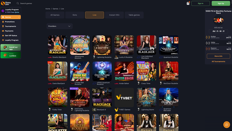 Slotozen Casino — Live dealer lobby