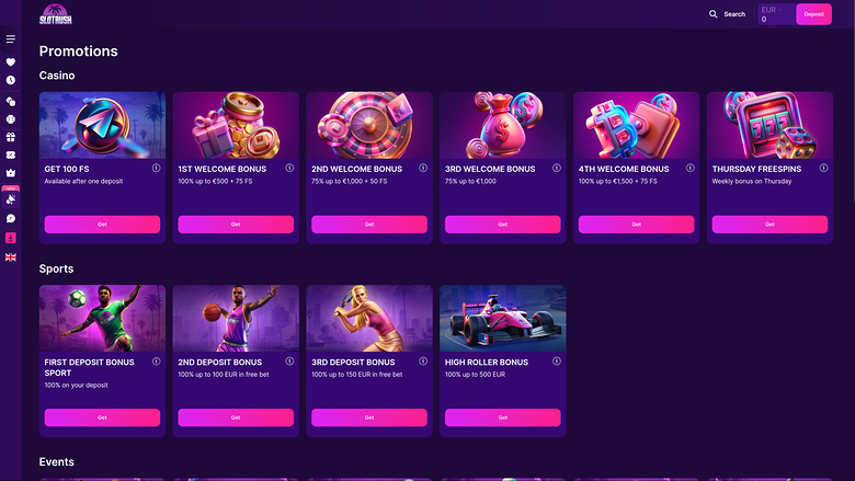 SlotRush Casino — Promotions page
