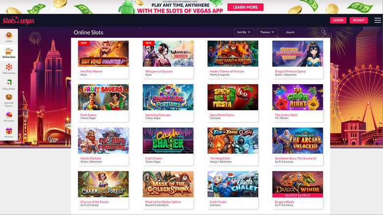 An online casino lobby screen titled Online Slots showing a grid of sixteen game tiles beneath a promotional banner for a mobile app.