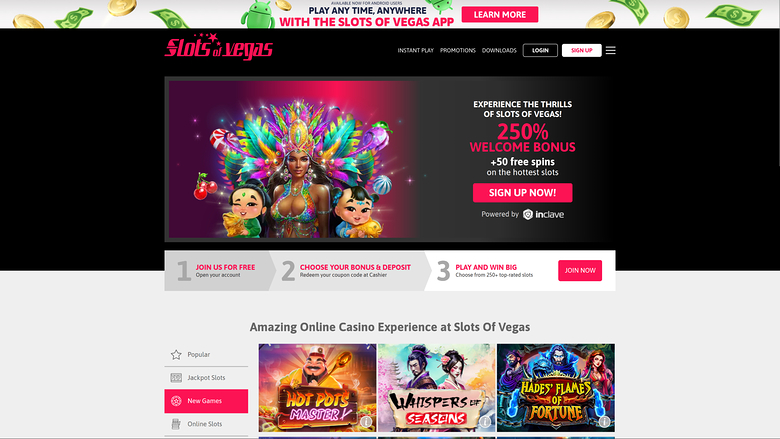 The Slots of Vegas online casino homepage shows a top promo bar, a welcome-bonus hero banner, a three-step sign-up strip and a game lobby with a category sideba