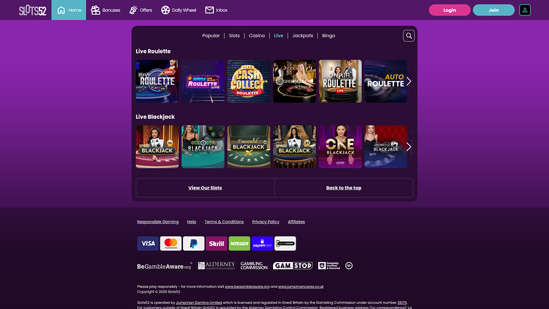 Slots52 — Live dealer lobby
