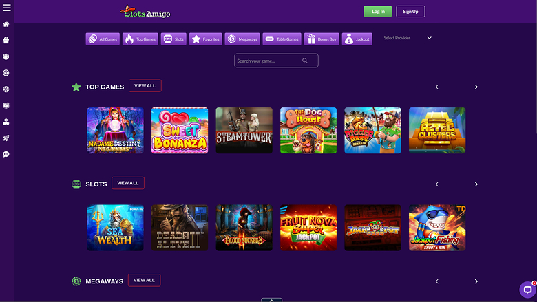 An online casino lobby screen for Slots Amigo showing game category tabs, a search field and rows of game tiles under Top Games, Slots and Megaways headings.