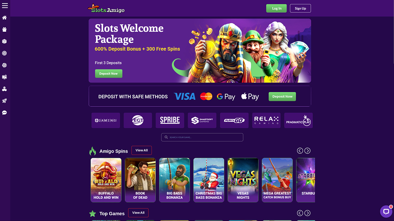 An online casino homepage for Slots Amigo showing a welcome bonus hero banner, payment methods, provider logos, a search bar and a row of game tiles.
