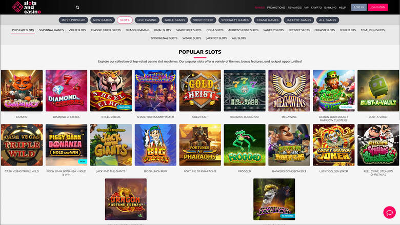 A slots lobby page on the Slots and Casino site showing a grid of slot game tiles under a 'Popular Slots' heading.