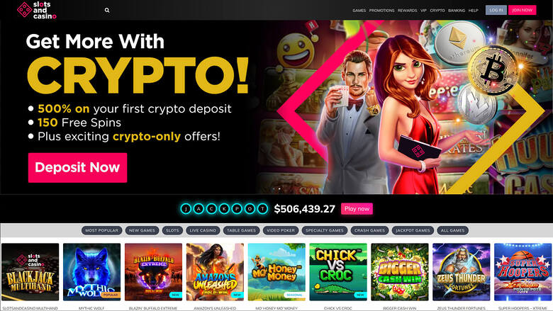 {"summary":"A casino homepage with a large crypto deposit bonus hero banner, a jackpot ticker and a row of game tiles.","colours":"Black background with hot pin