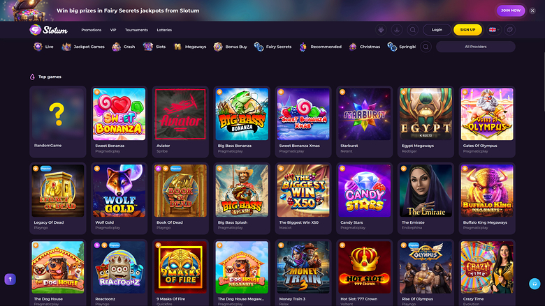 A casino lobby screen shows a top promotional banner, a horizontal category menu, and a grid of game tiles under a 'Top games' heading.