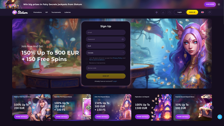 A Slotum casino landing page showing a sign-up form over a fantasy-themed hero image and a row of deposit bonus tiles below.