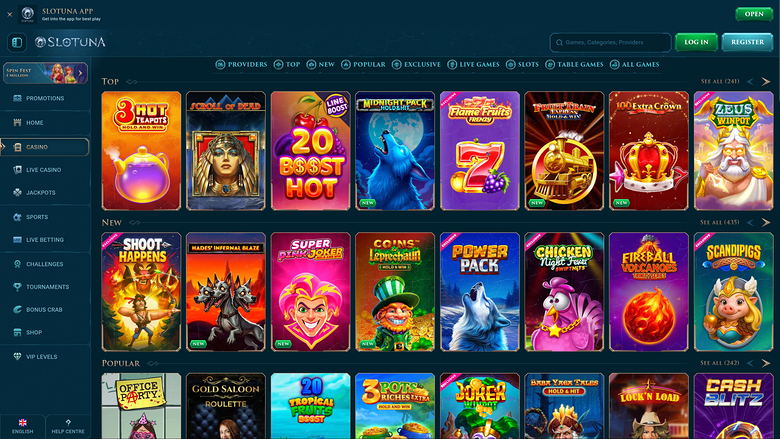 An online casino lobby page for Slotuna is displayed, showing rows of game tiles under Top, New and Popular headings.