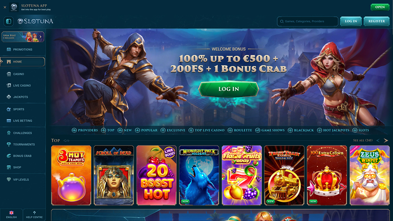 A Slotuna online casino homepage showing a welcome bonus hero banner, a left sidebar menu and a row of game tiles.