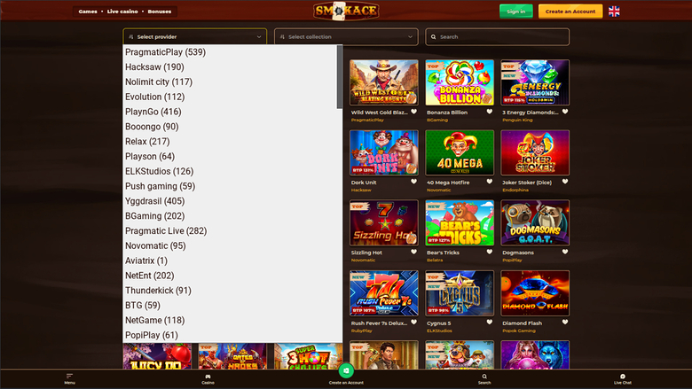 SmokAce Casino — Games by studio