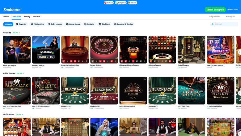 Snabbare Casino — Live dealer lobby