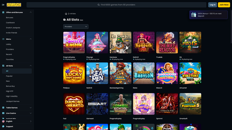A casino lobby screen showing an 'All Slots' grid of game tiles with a left sidebar of categories and a top search bar.
