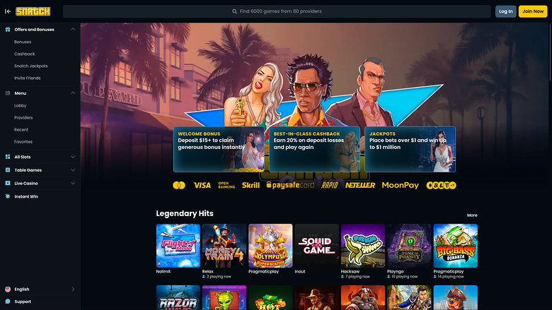 A casino lobby screen shows a promotional hero banner, three bonus offers, payment icons and a 'Legendary Hits' game grid.