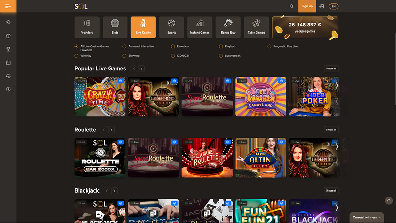 SOL Casino — Live dealer lobby