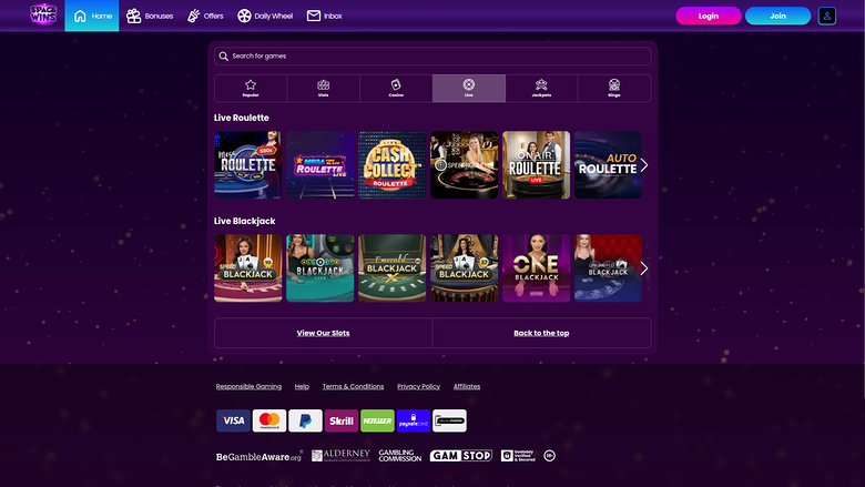 Space Wins — Live dealer lobby