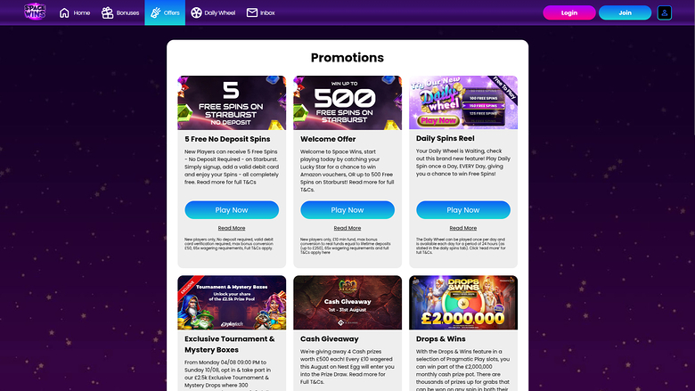 Space Wins — Promotions page