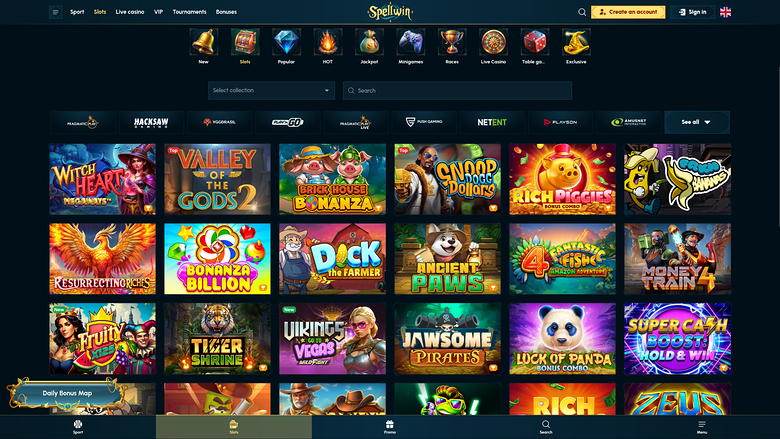 A Spelwin casino lobby screen showing a grid of game tiles with category icons, provider filters and a top navigation bar.