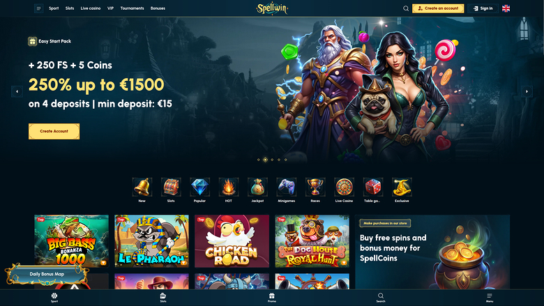 Spellwin casino homepage showing a welcome bonus hero banner, a row of game category icons and a grid of game tiles.