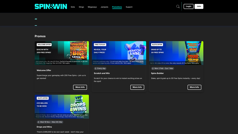 Spin and Win Casino — Promotions page