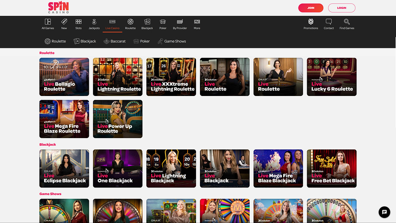 Spin Casino — Live dealer lobby