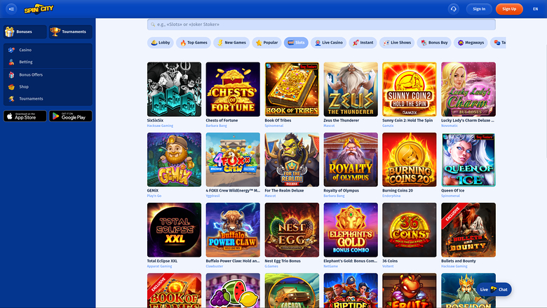 Spin City — Games lobby