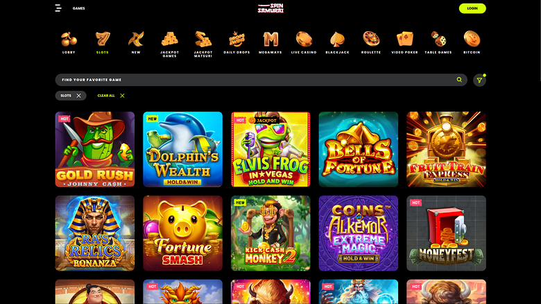 An online casino lobby screen showing a top navigation bar, a search field and a grid of game tiles.