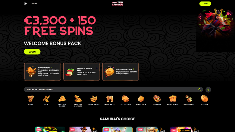 A casino homepage with a welcome bonus hero, promotional cards, a game search bar, category icons and a game row.