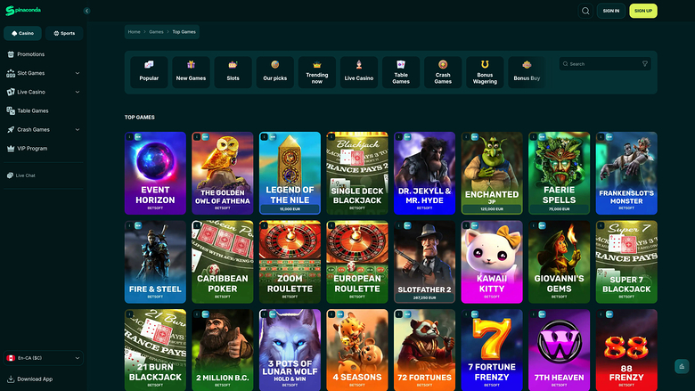 Spinaconda Casino — Games lobby